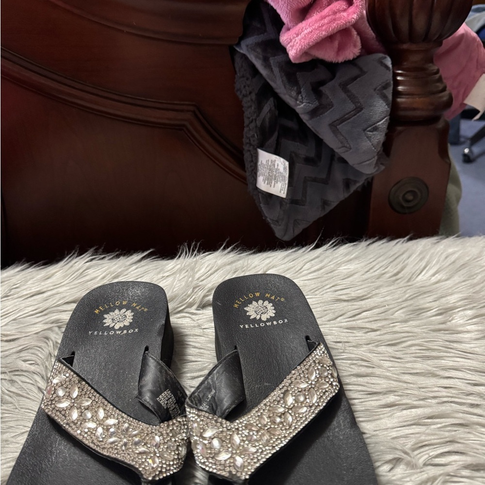 Yellow Box Black Flip-Flops with rhinestones.
